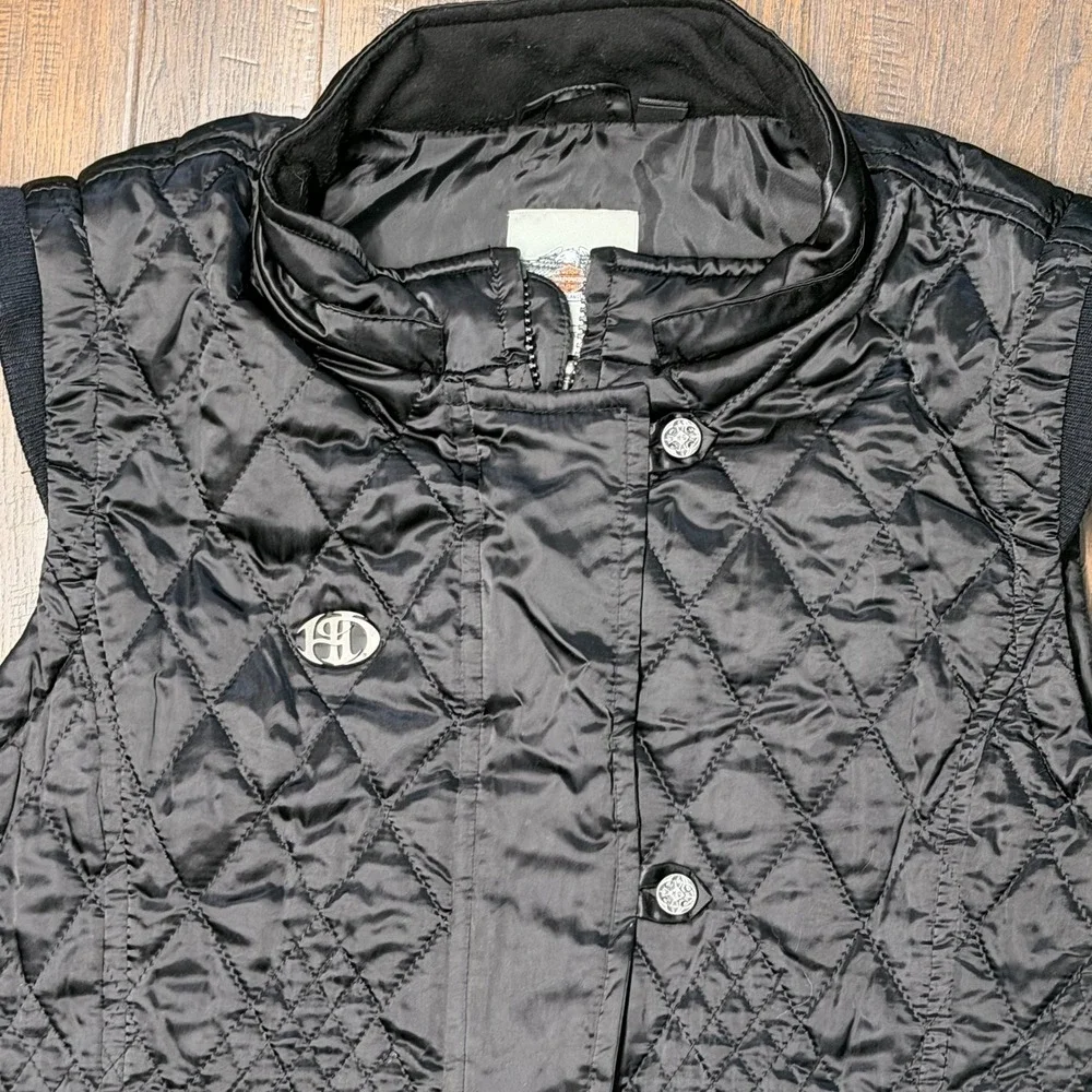 Harley Davidson Quilted Vest Women XL  Black Moto Biker Satin Riding logo Y2K‎